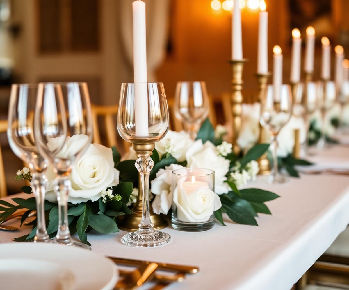 Elegant wedding tablescape detail with candles and white florals